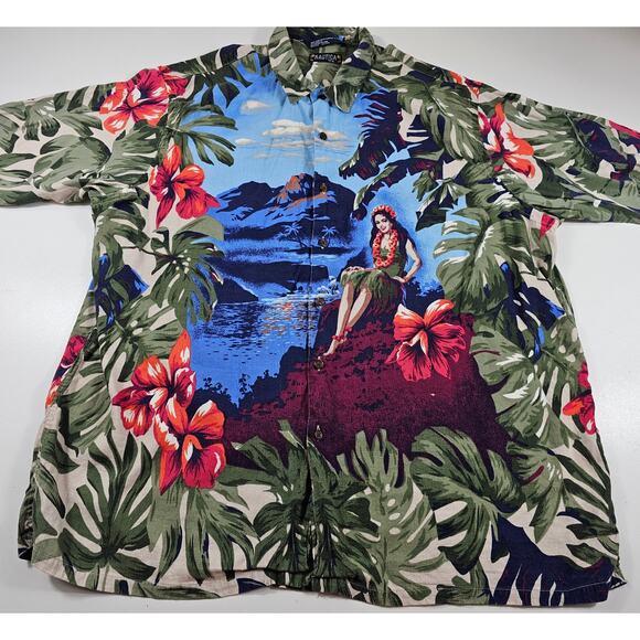 Vintage 80s 90s Nautica Linen Blend XL HAWAIIAN HULA GIRL EUC Summer button up - Picture 3 of 6
